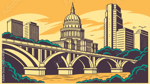 Austin skyline vector art featuring capitol buildings and bridge suitable for city branding, promotional materials, and editorial content.
