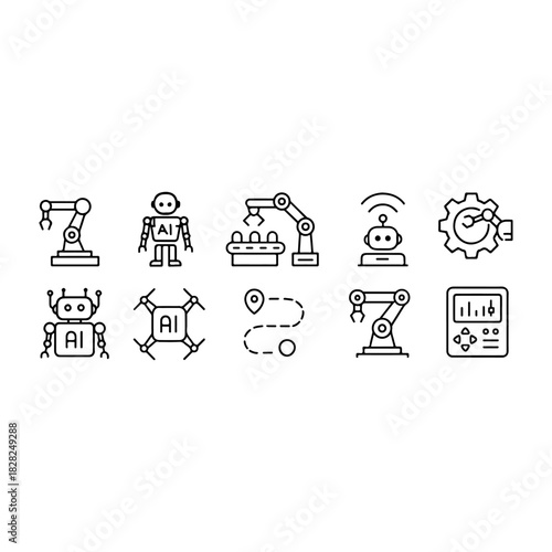 Collection of industrial automation and robotics icons
A set of simple line art icons representing various aspects of industrial automation, robotics, and artificial intelligence.