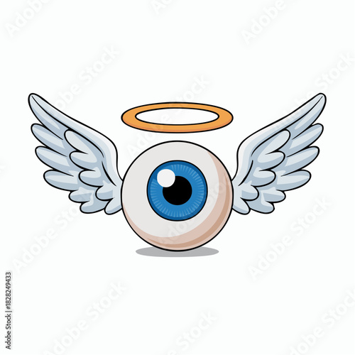 A cartoon blue eyeball with white wings and a golden halo floating above it, on a white background.