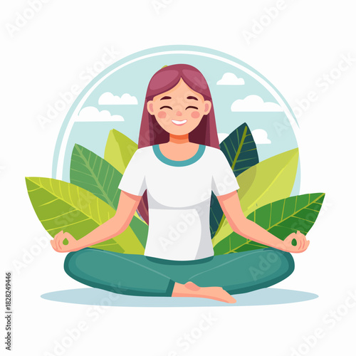 Woman Meditating in Lotus Pose With Calm Expression.