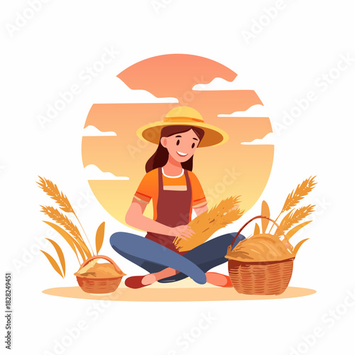 Young Female Farmer Harvesting Grains Sitting With Baskets.