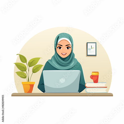 Hijab wearing woman working on laptop at desk.