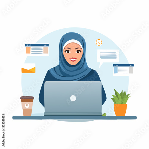 Hijab wearing woman working on laptop at desk.