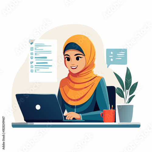Female coder wearing hijab working on laptop at desk.