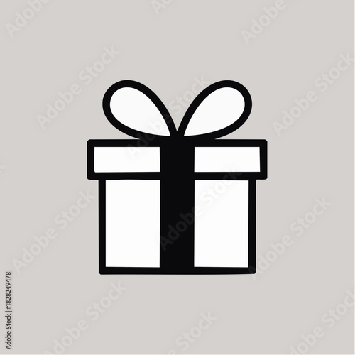 Simple black and white gift box icon with a bow on a light grey background, representing presents, celebrations, and special occasions.