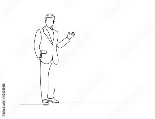 Businessman Presenting with Open Hand. Continuous Line Illustration of Professional Presentation and Corporate Communication