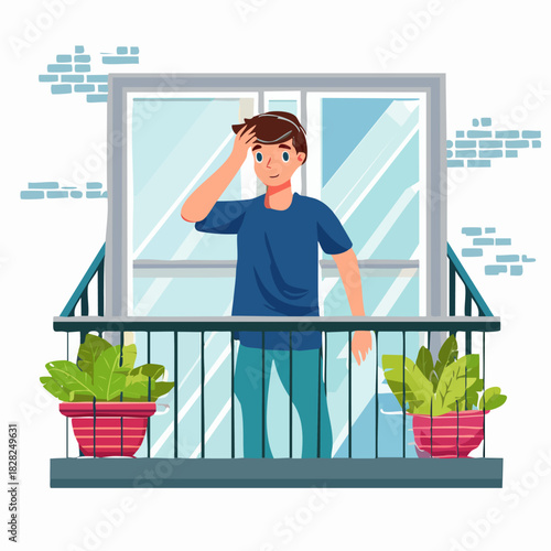 Man Standing on Balcony Looking Worried.