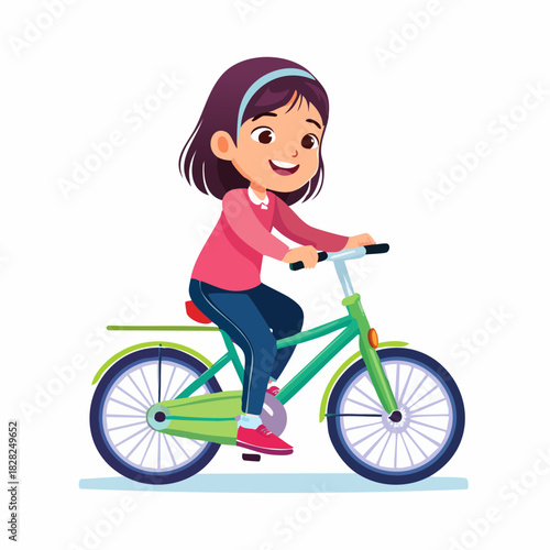 Young girl riding a green bicycle.