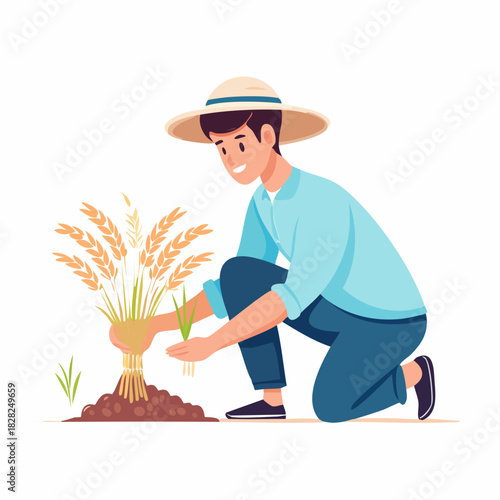 Farmer Planting Seedling In Field Under Sun.