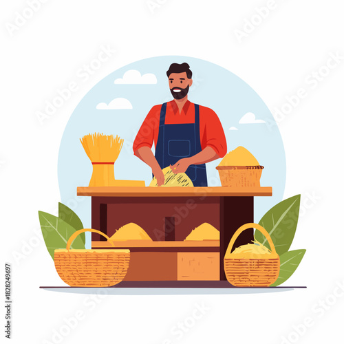 Friendly baker standing at outdoor bakery stall.