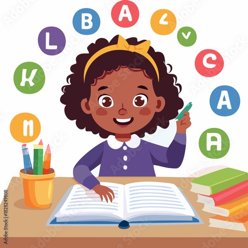 Young Student Girl Studying At Desk With Books.