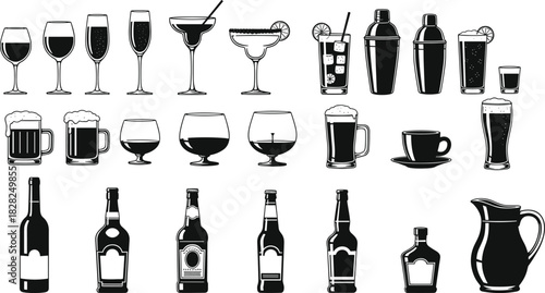 Alcoholic beverage and bar equipment vector illustration collection, set of liquor bottles, beer mugs, wine glasses, cocktail shakers, and glassware icons, black silhouettes on white background.