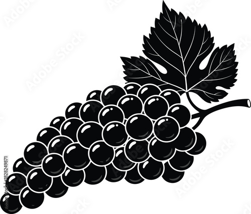 Black bunch of grapes and leaf silhouette vector illustration, dark fruit cluster icon, wine production symbol, isolated graphic design element for menus, food labels, and branding on white background
