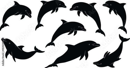 Black dolphin silhouettes vector illustration collection, set of various jumping and swimming marine animal shapes, friendly ocean creature icons, editable isolated mammals on white background.
