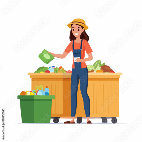 Young woman in overalls shopping for fresh produce.