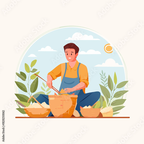 friendly outdoor chef stirring pot in garden.
