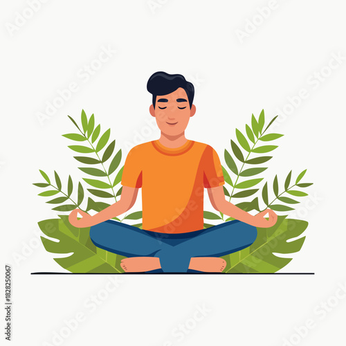 Meditating man in lotus pose surrounded by leaves.