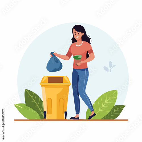Woman disposing bag into a yellow trash bin.