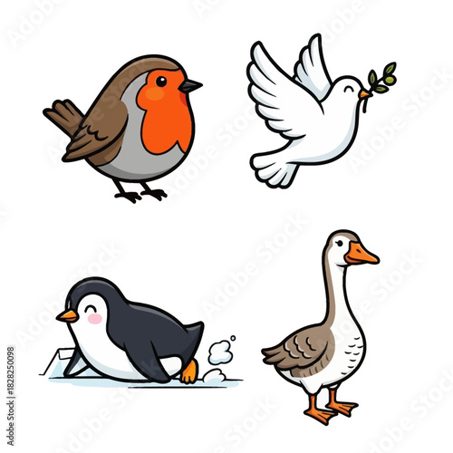 A collection of four cartoon birds: a robin, a dove, a penguin, and a goose, depicted in a cute and simple style.