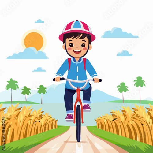 Young Child Riding Bicycle in Sunny Field.