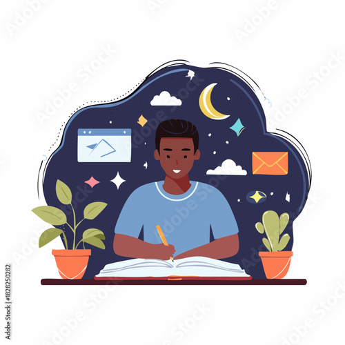 Student studying at desk with open book and plants.