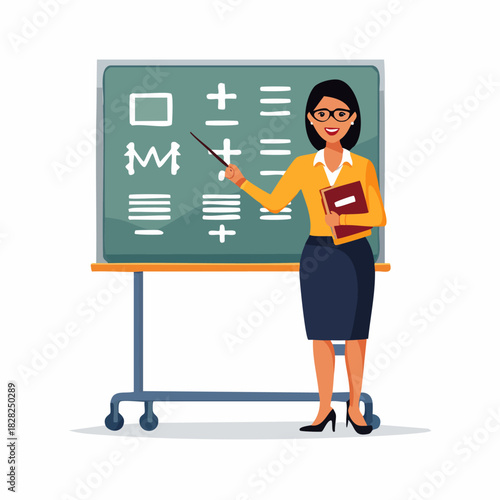 Female Teacher Standing by Chalkboard Giving Lesson.