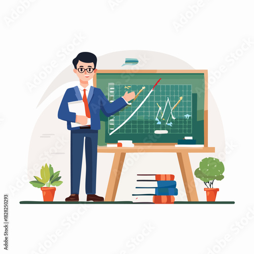 Professional teacher presenting lesson at chalkboard in classroom.