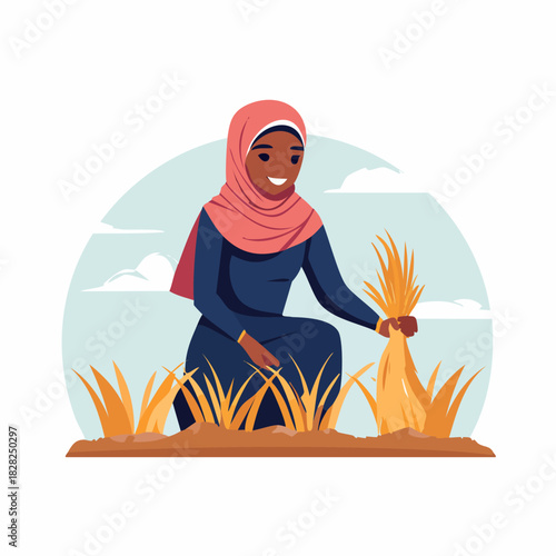 Woman In Hijab Caring For Crops In Field.