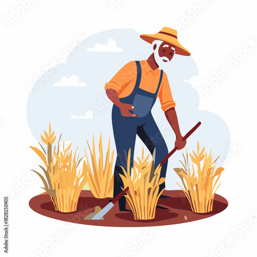 Hardworking farmer tending golden crops in field.