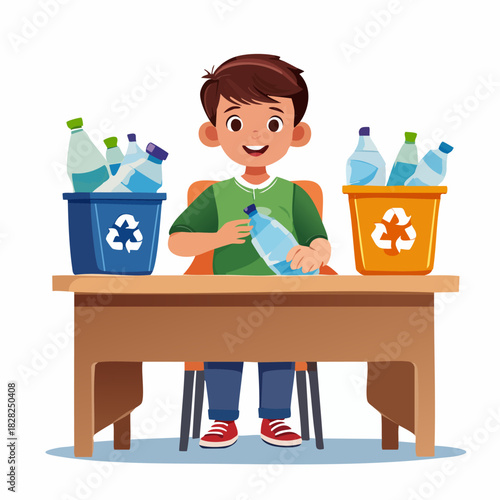Young Boy Sorting Recyclable Bottles at Table.