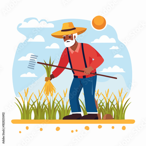 Farmer with rake tending a sunlit field.