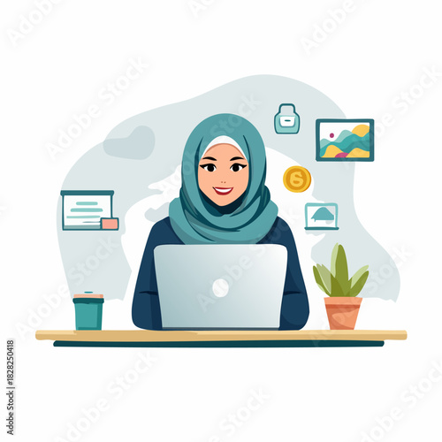 Professional woman wearing hijab working on laptop at desk.