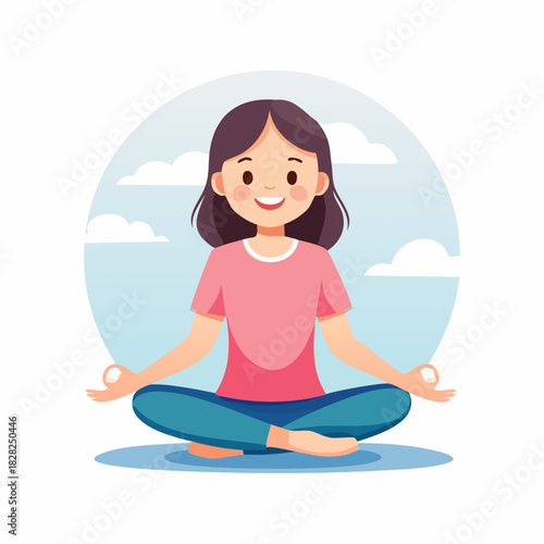 Young girl meditating in lotus position outdoors illustration.