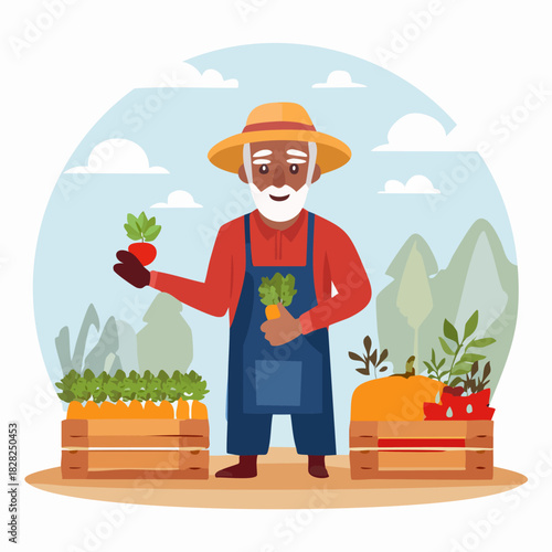 Friendly farmer holding fresh vegetables in garden.