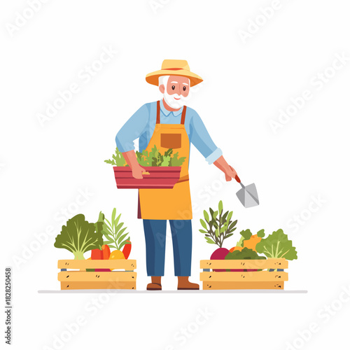 Farmer with fresh vegetables in garden crate harvest.