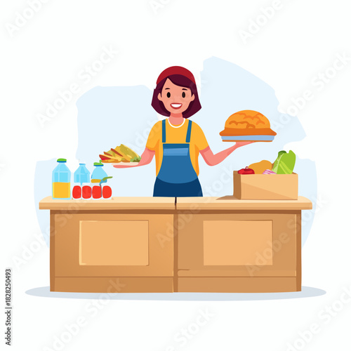 Friendly female vendor in apron serving food.