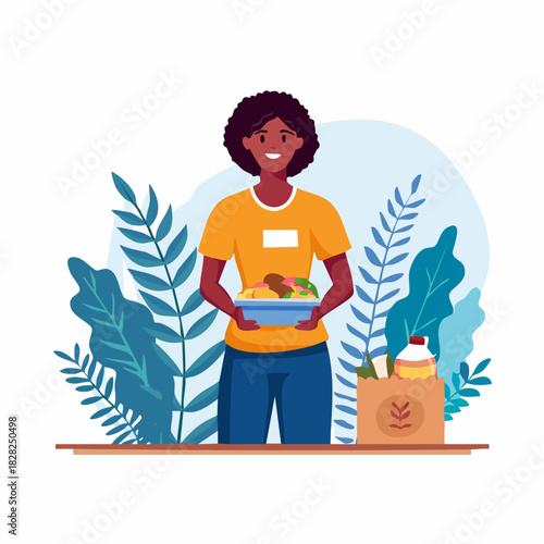 Friendly delivery person with groceries and warm smile.