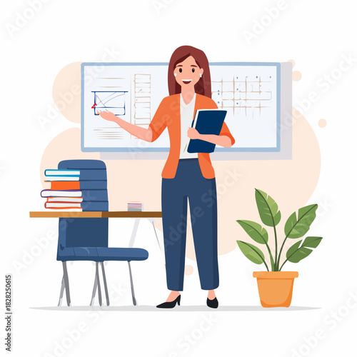 Female teacher presenting lesson in classroom.