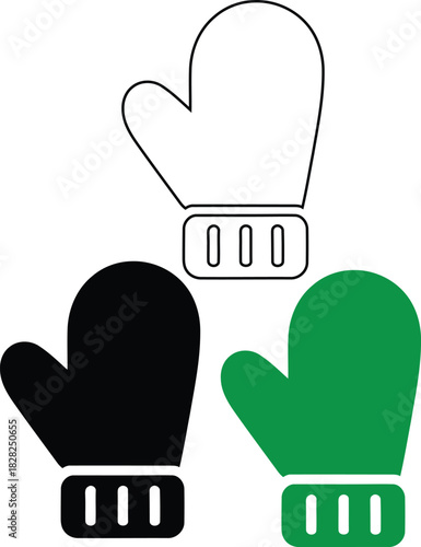 Three Mitten Icons in Black Outline Green and Black