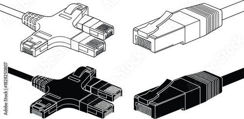 Ethernet cable and network connector illustrations showing RJ45 plugs, internet wiring, data connection elements, technology components for technical drawings and digital design