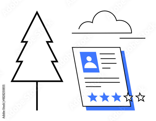 Resume with profile picture and star ratings paired with tree and cloud elements. Ideal for hiring, recruitment, feedback, review, evaluation, environment, sustainability. Simple flat metaphor