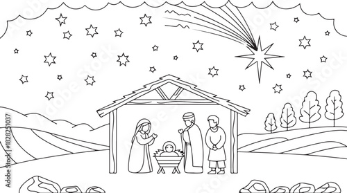 Nativity shows Mary, Joseph, and infant Jesus under a starry sky in line art