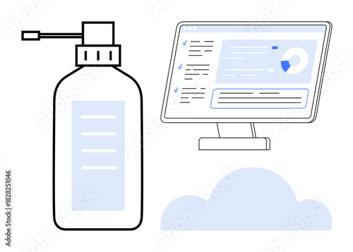 Hand sanitizer bottle with pump, desktop monitor showcasing graphs and checklists, and a cloud. Ideal for hygiene, technology, data, cloud computing, health, safety remote work simple flat metaphor