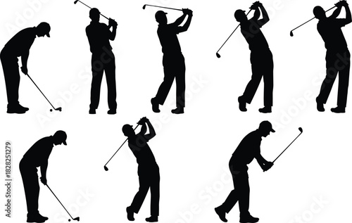 Golf player swing silhouettes vector illustration collection, set of male golfers hitting the ball with a club, different action poses, outdoor sport icons, editable isolated figures on whit
