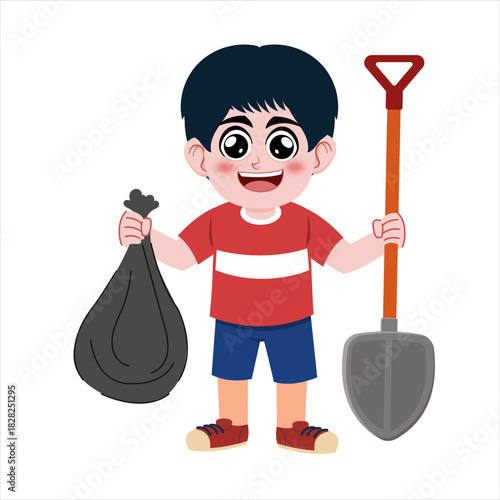 Boy Holding Trash Bag and Shovel