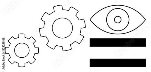 Three interlocking gears beside an eye above two horizontal bars symbolize vision, strategy, collaboration, automation, productivity, innovation, and process optimization. A simple flat metaphor