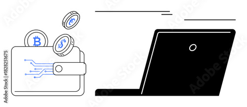Cryptocurrency coins emerging from digital wallet beside a laptop. Ideal for fintech, investment, blockchain, online business, digital payments, cryptocurrency trade, simple flat metaphor
