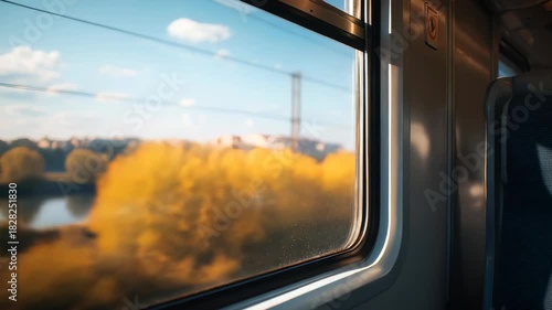 Scenic view from a train window showing a calm river and lush landscape under a clear blue sky. Sunlight gently illuminates the countryside, creating a peaceful travel atmosphere