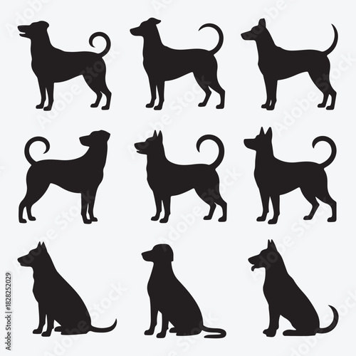 Black animal silhouettes vector set featuring domestic dogs, cats, and wild mammals for pet illustration collections