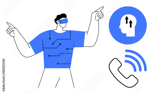 Virtual reality concept. Virtual reality with a person wearing VR headset, circuits, and tech-themed icons. Virtual reality for innovation, communication, AI, education, and gaming